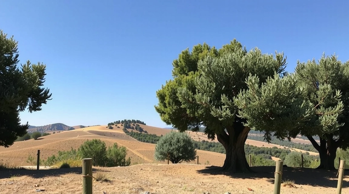 A serene landscape with olive trees under a clear sky, symbolizing natural wellness and purity.