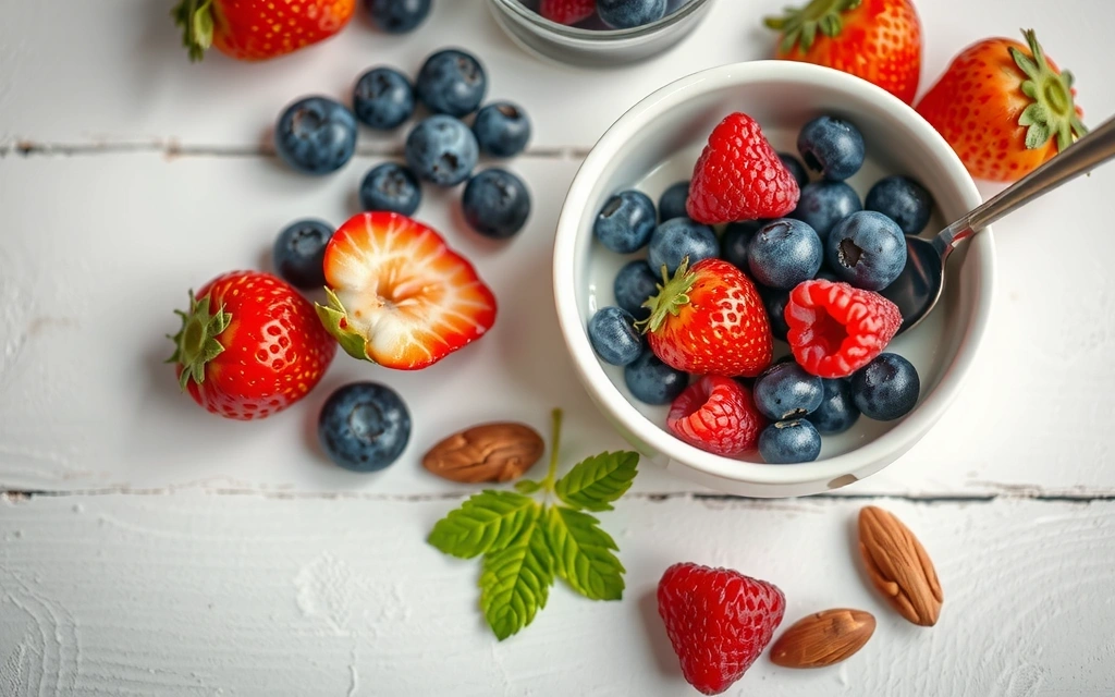 A bowl of fresh, vibrant berries and nuts, representing healthy eating for sustained energy.