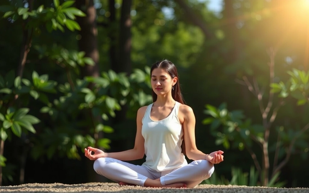 A person meditating peacefully in a natural setting, symbolizing mental clarity and stress reduction.