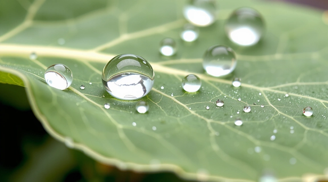 Droplets of hyaluronic acid serum on a pristine, dewy leaf, symbolizing intense hydration and natural freshness.