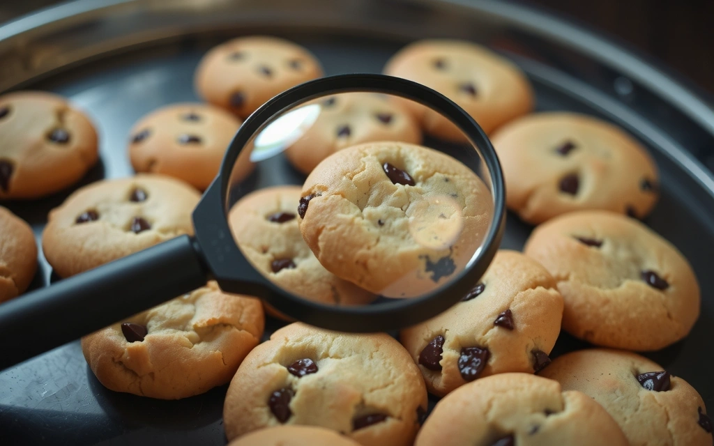 A magnifying glass hovering over various cookie icons, symbolizing the analysis and understanding of cookie types and their functions.
