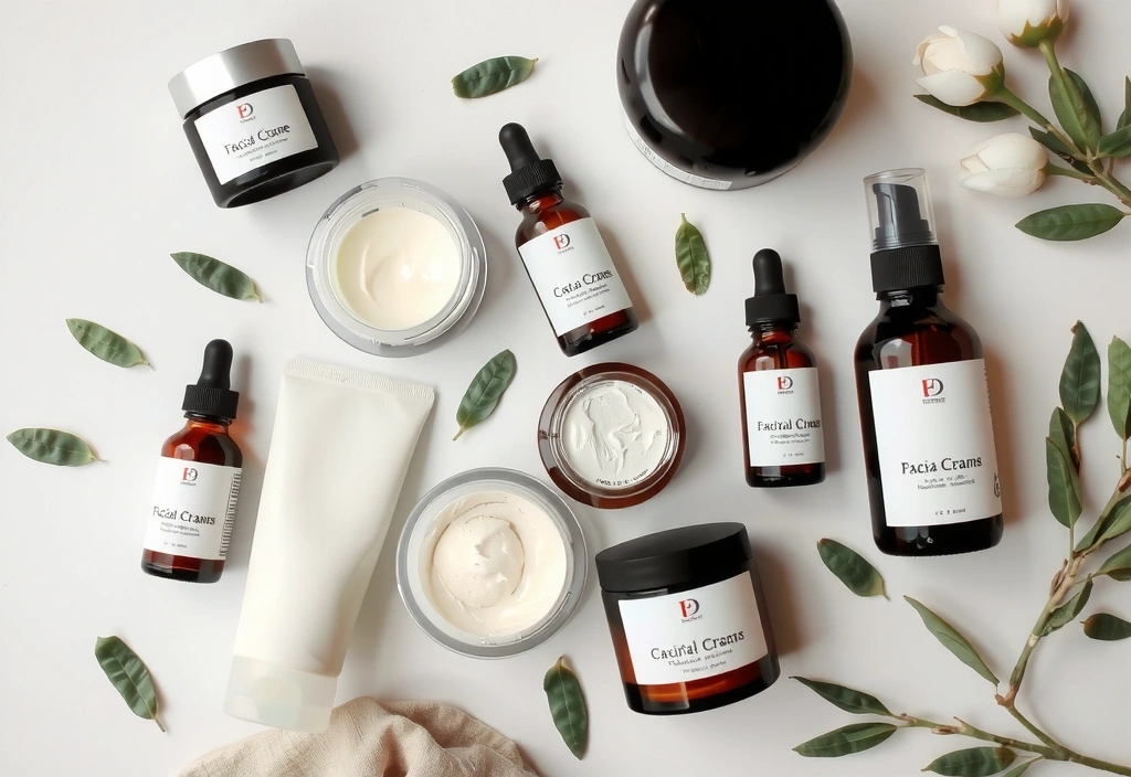 A collection of luxurious facial creams and serums in elegant packaging, with natural elements like olive leaves and flowers in the background.
