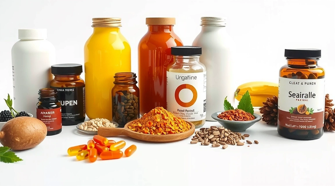 Assortment of natural health supplements in various bottles and containers