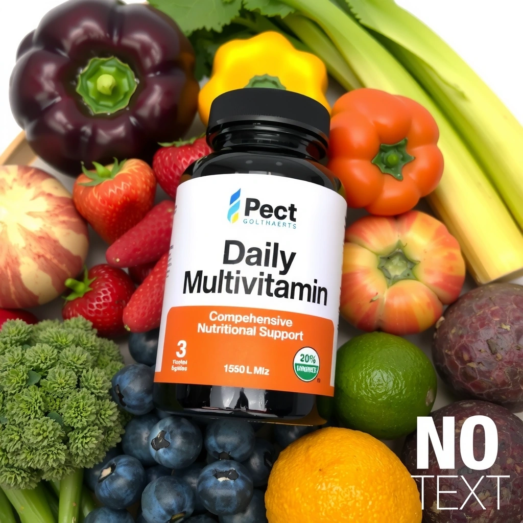 A bottle of Daily Multivitamin with various fruits and vegetables