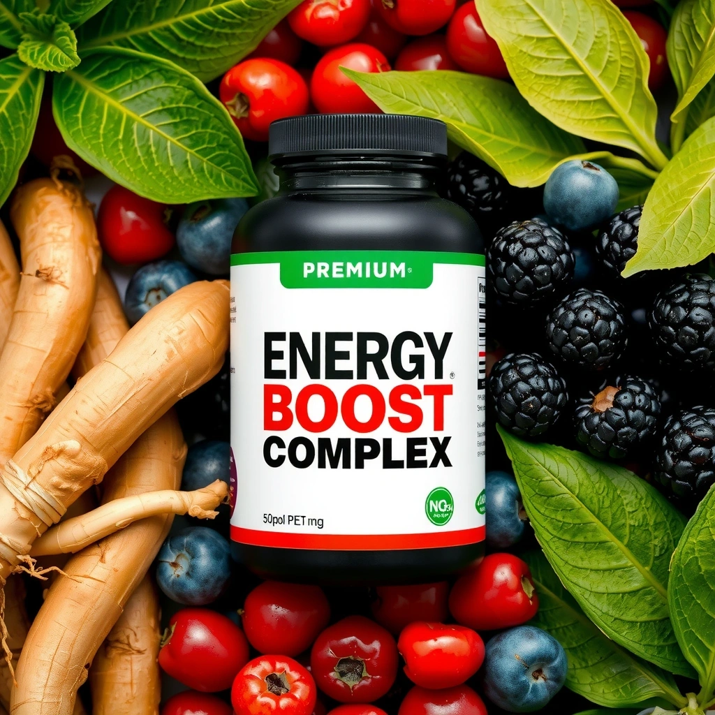 A bottle of Energy Boost Complex with natural ingredients